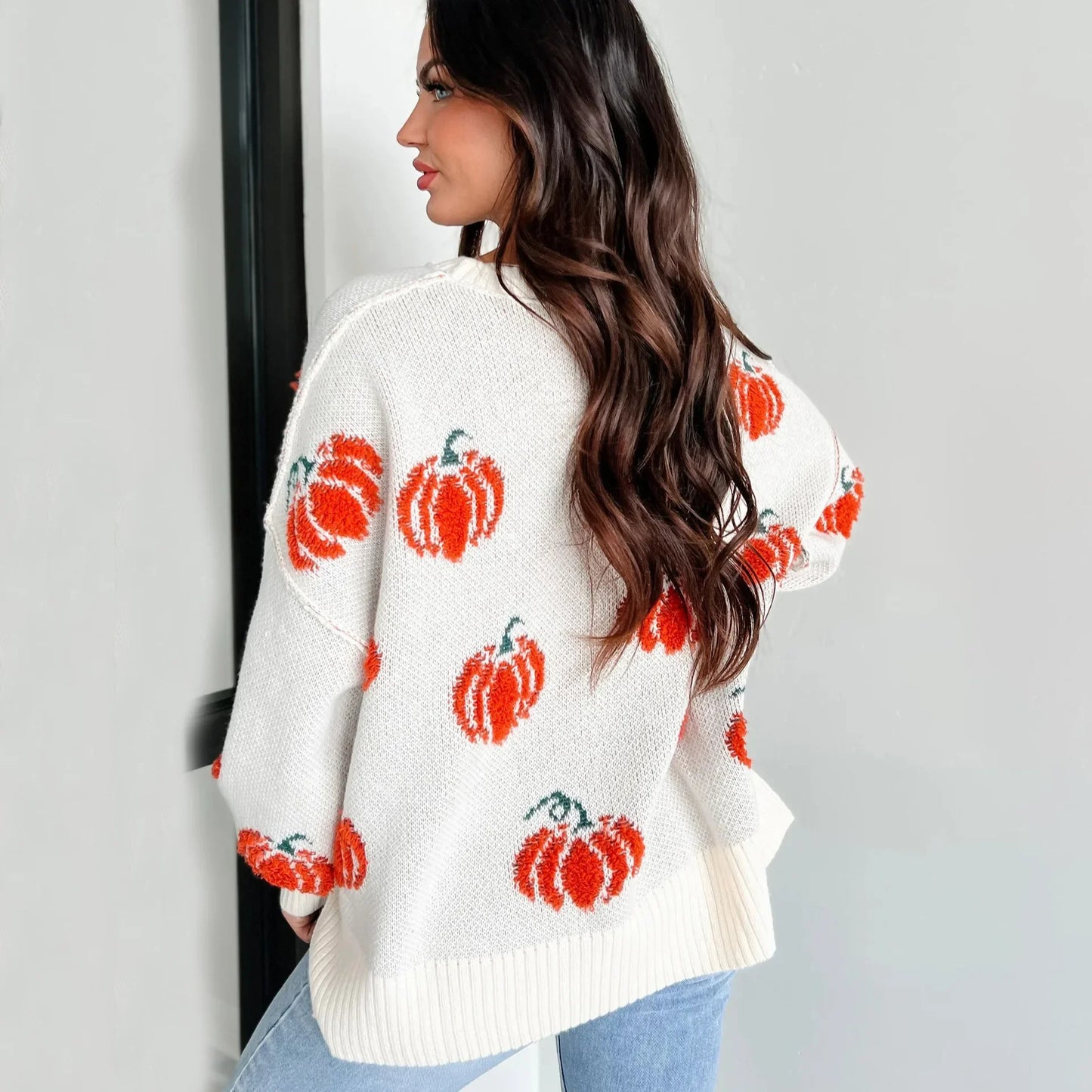 2024 Spicy Girl Pumpkin Embroidery Loose Ribbed Design Sweater