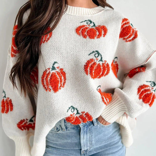 2024 Spicy Girl Pumpkin Embroidery Loose Ribbed Design Sweater