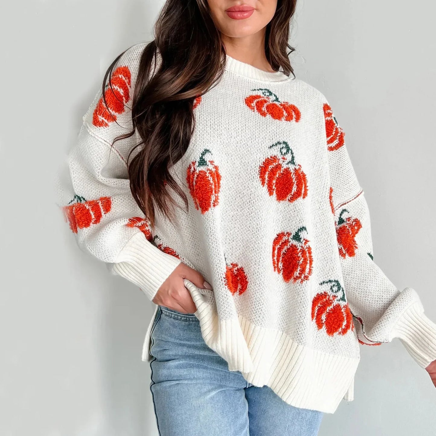 2024 Spicy Girl Pumpkin Embroidery Loose Ribbed Design Sweater