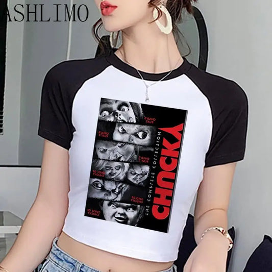 Crop Top Anime Horror Chucky Harajuku Graphic Women Summer Tshirt Funny Cartoon Y2k Korean T-shirt Casual Streetwear Graphic Top