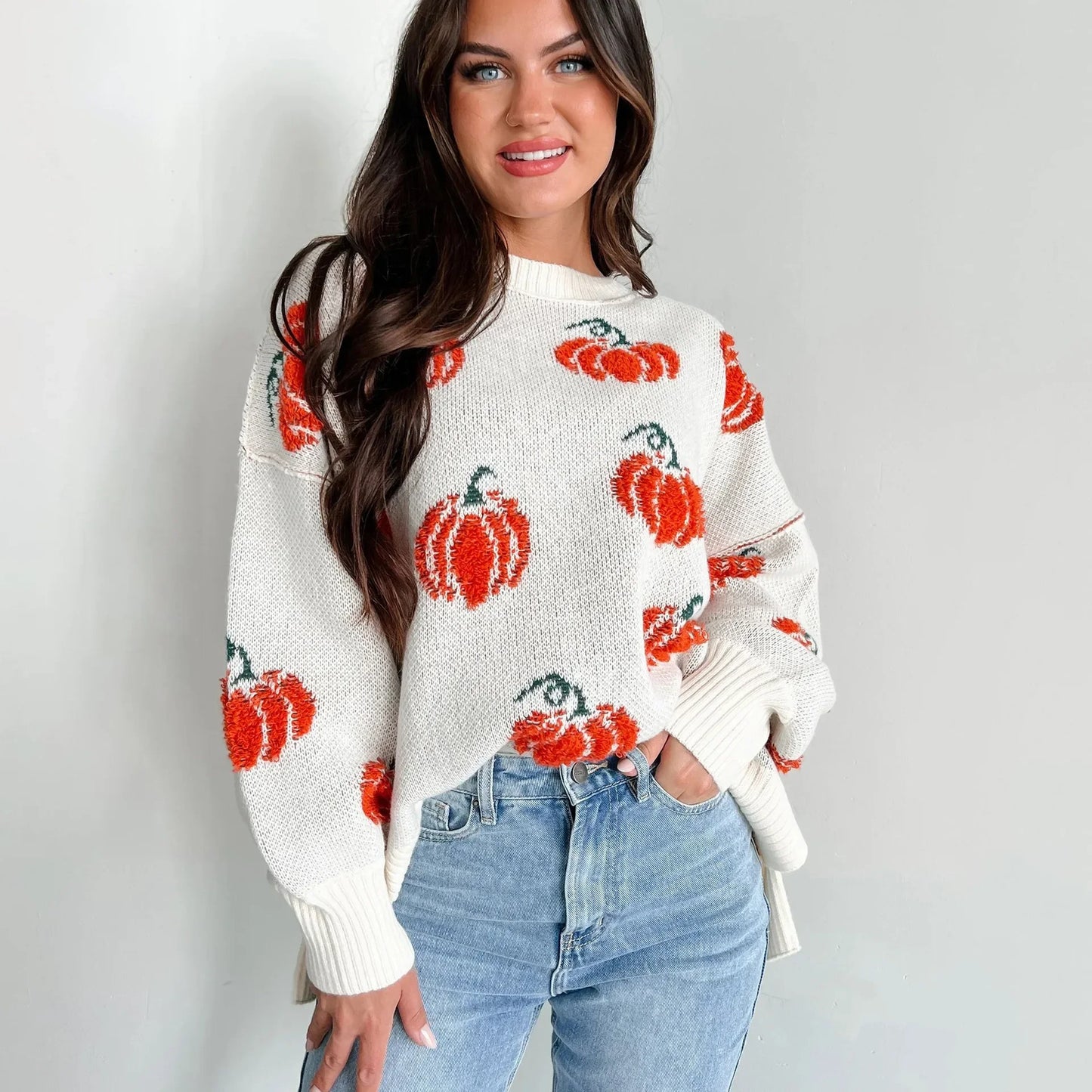 2024 Spicy Girl Pumpkin Embroidery Loose Ribbed Design Sweater